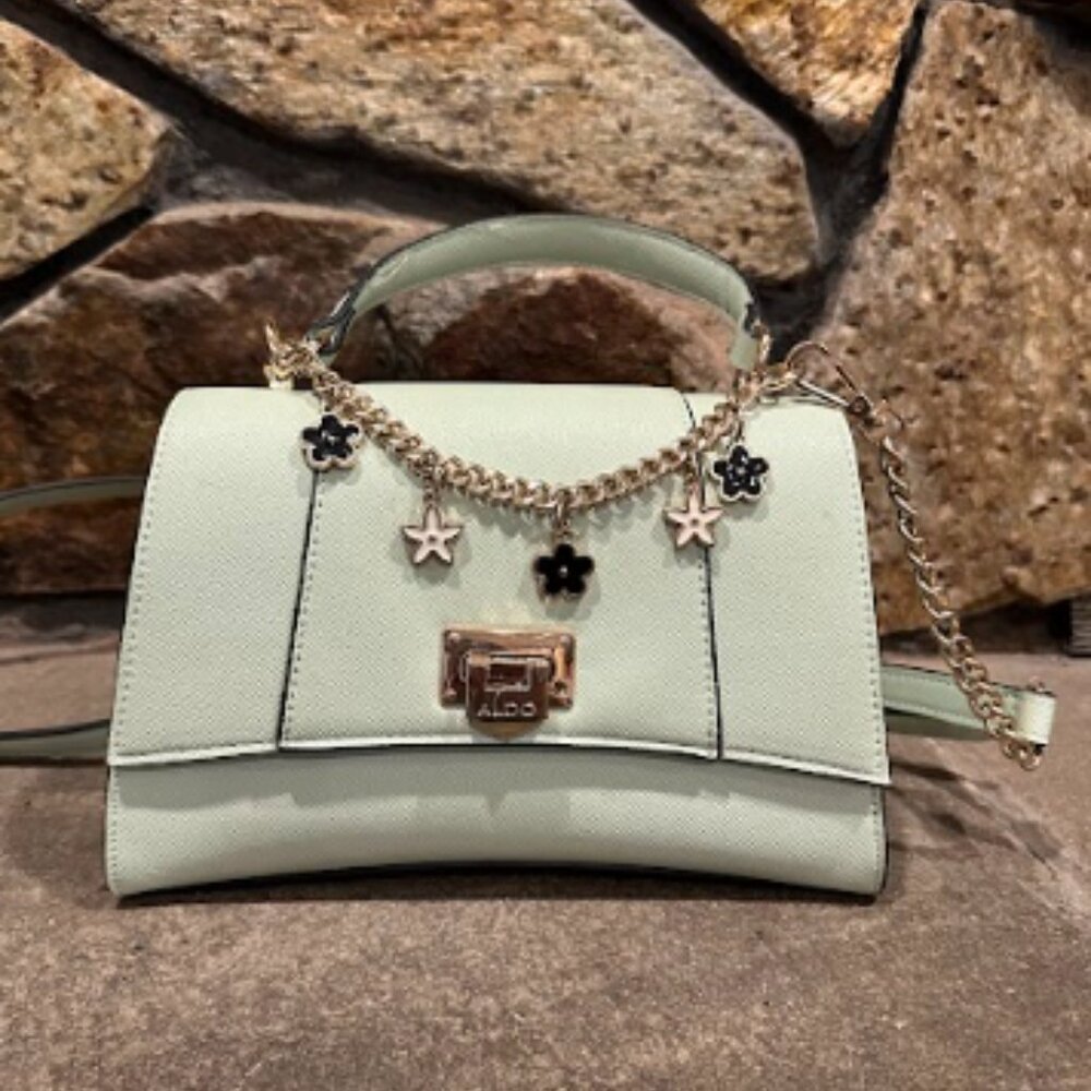 ALDO Mint Green Crossbody Purse with Gold Chain & Flower Charms